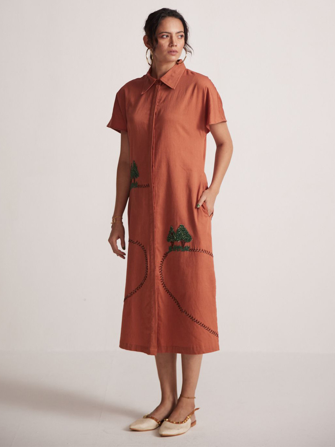 Western Era Women Shirt Collar Short Sleeves Shirt Midi Dress