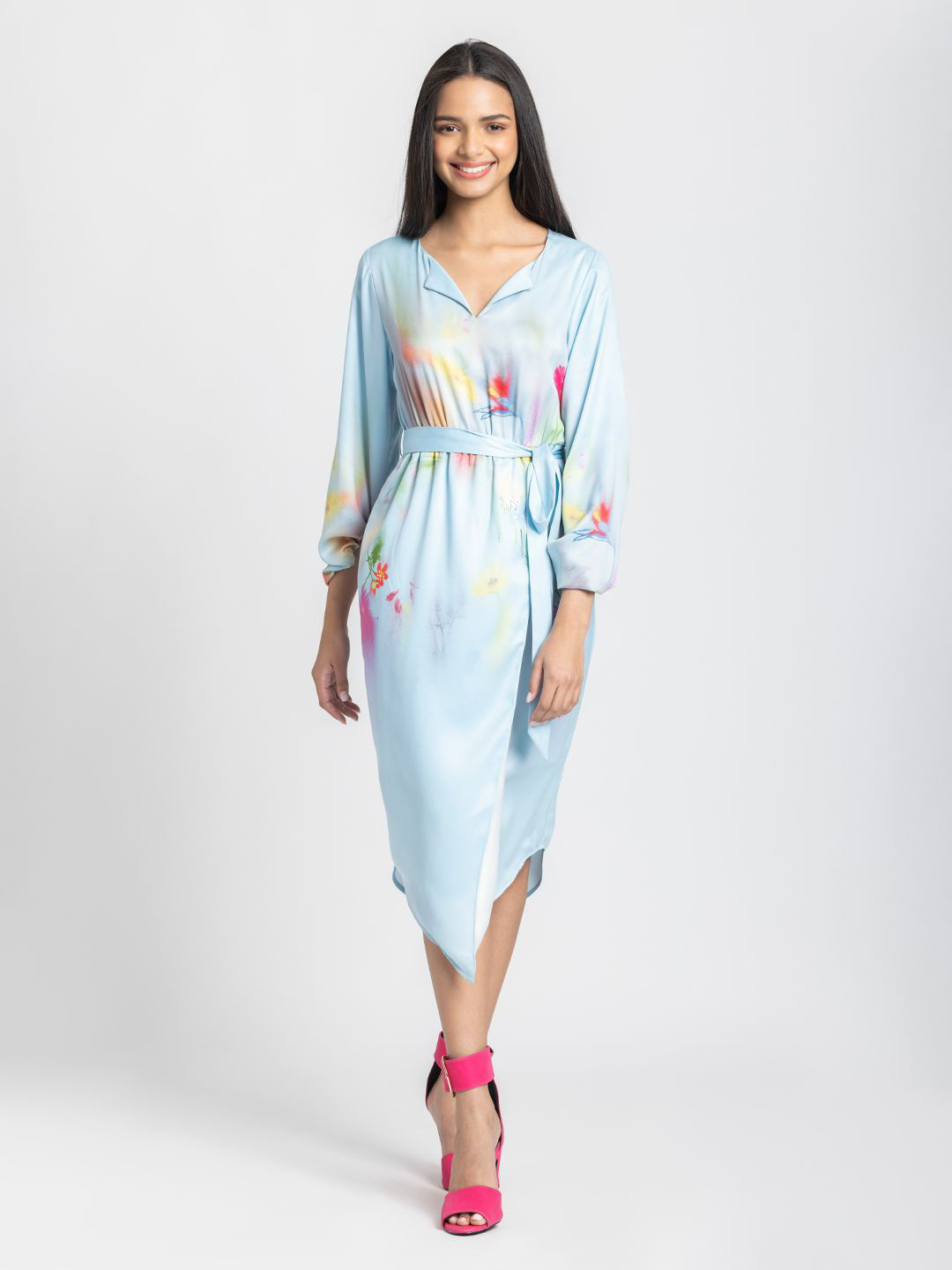 SHAYE Women V-Neck Floral Printed Full Sleeves Casual Wrap Dresses