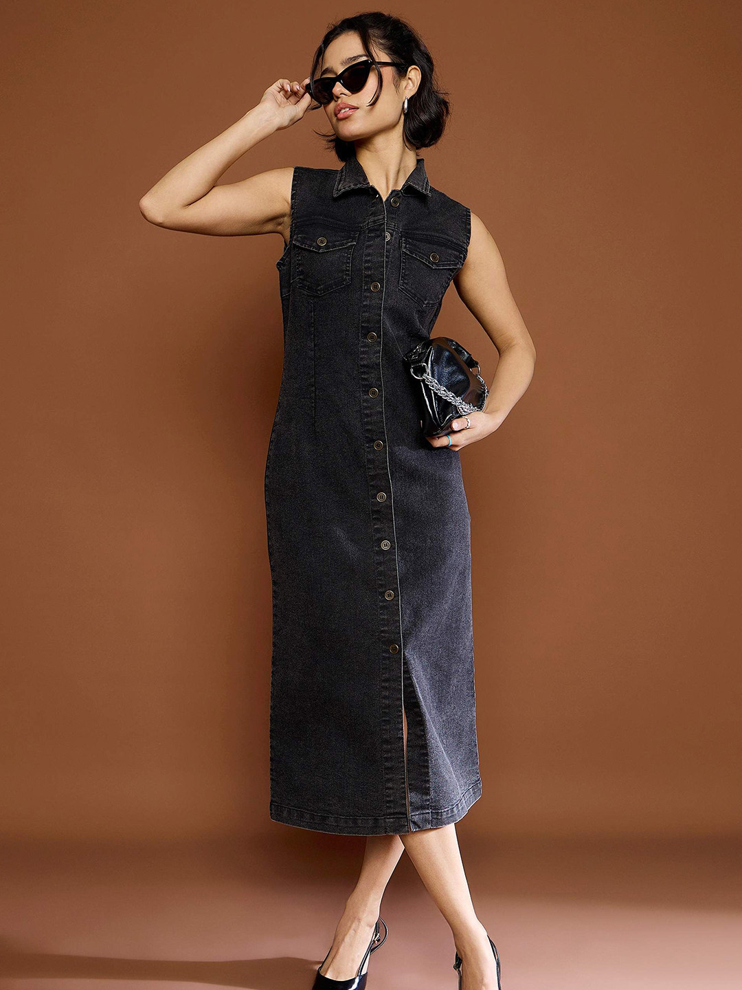 SASSAFRAS Women Shirt Collar Sleeveless Denim Shirt Midi Dress