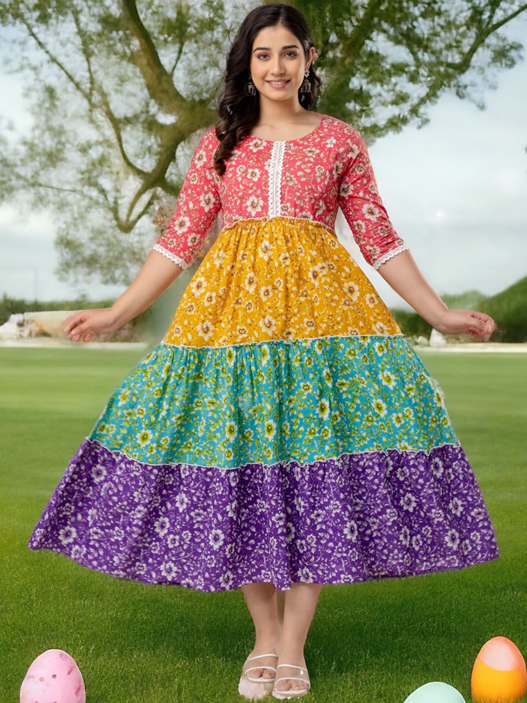 Henal Floral Printed Round Neck Tierd Pure Cotton Anarkali Maternity Kurta