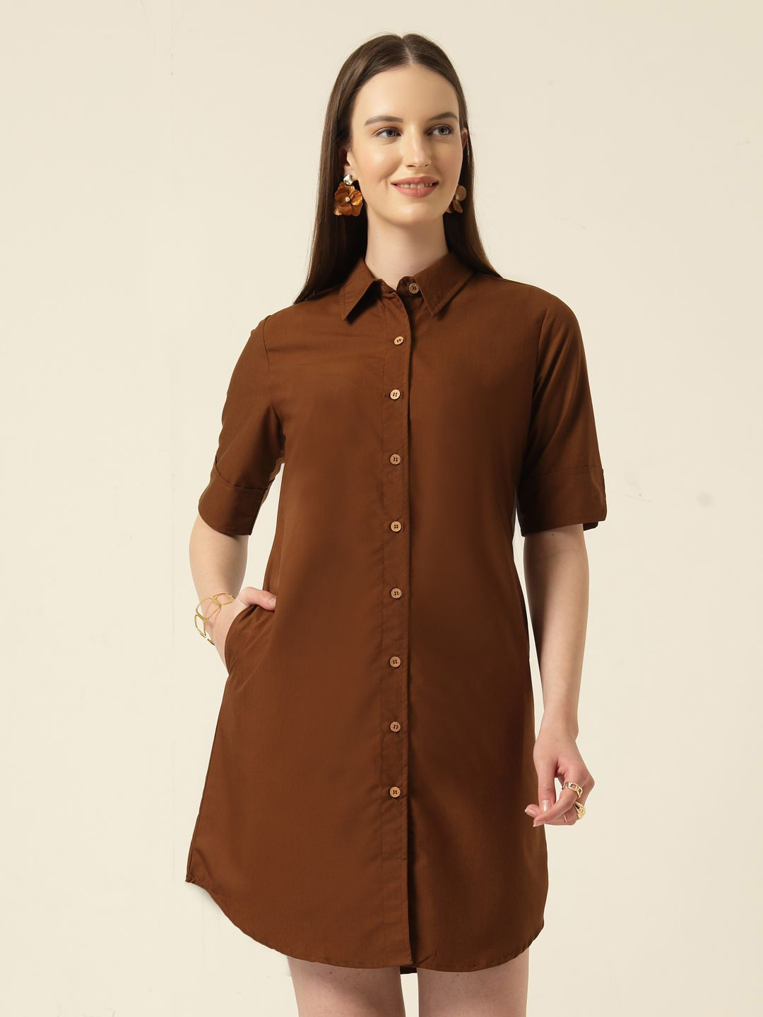 Style Quotient Women Shirt Collar Camel Shirt Dress