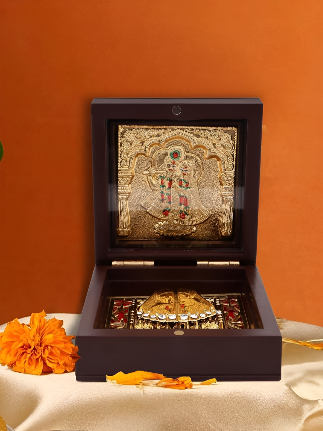 INTERNATIONAL GIFT Radha Krishna Frame with Charan Paduka Gold Metal Metallic Prayer Room Small Showpiece - 3 Inches