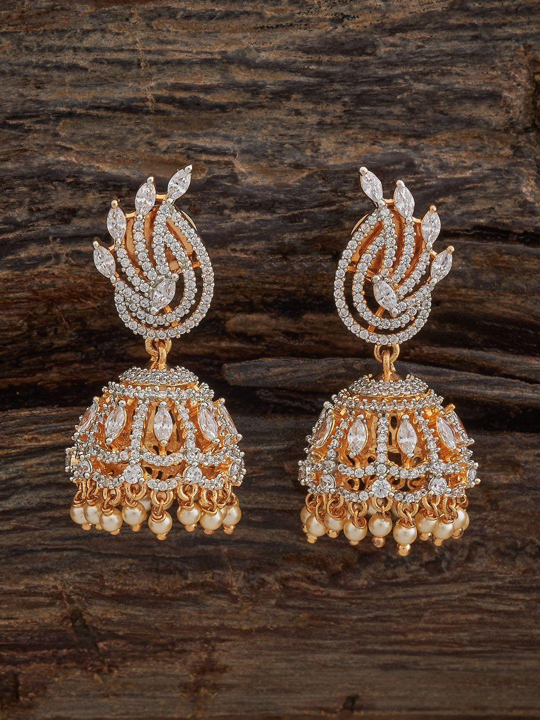 Kushal's Fashion Jewellery Mint Rhodium Gold Embellished Bridal Zircon Jhumkas Earring
