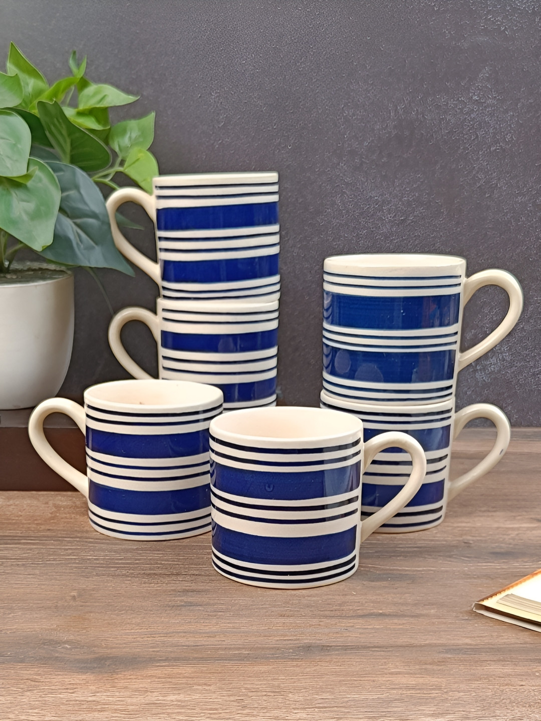 Myntra Elegant Homes Oxford Blue Striped Ceramic Handmade 6 Piece Cups-150ml