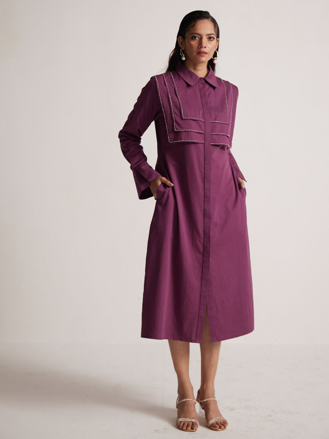 Western Era Women Embellished Shirt Collar Flared Sleeves Midi Shirt Dress