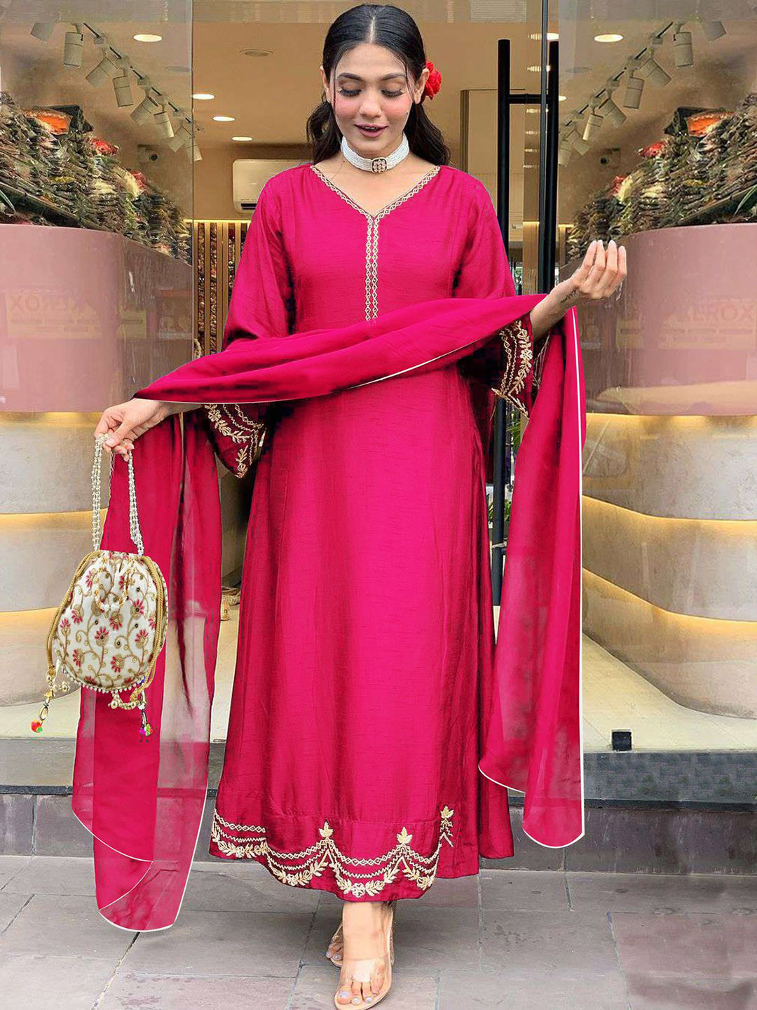 GoSriKi Ranibai V-Neck Zari Anarkali Kurta With Trousers & Dupatta