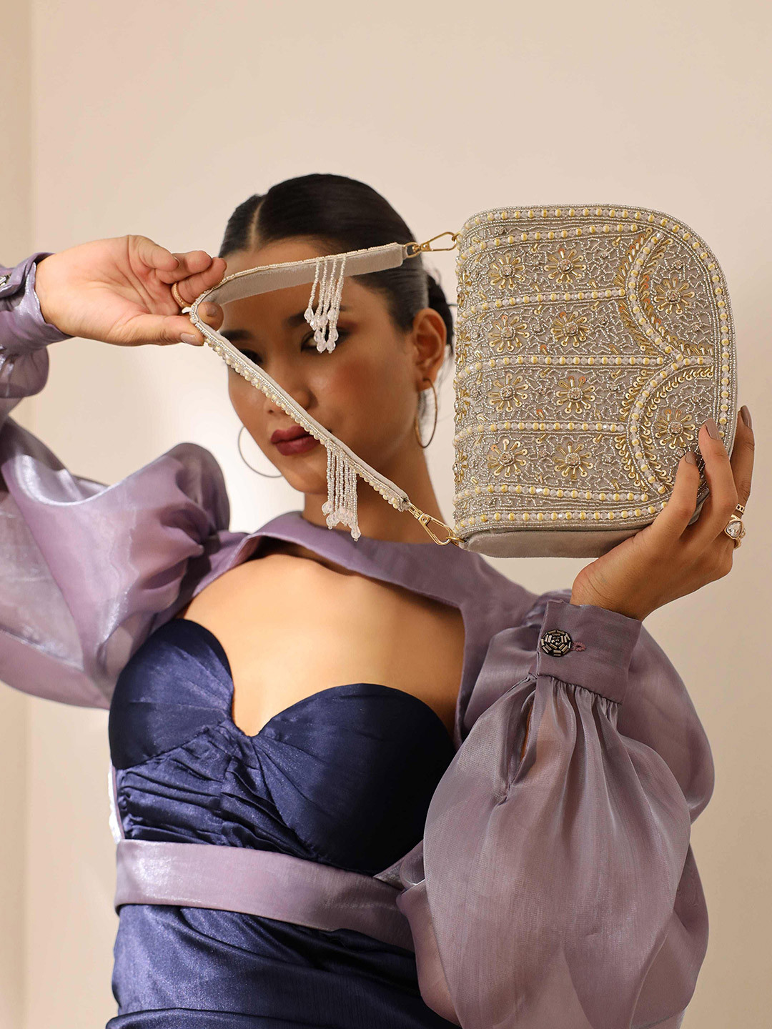 THE TAN CLAN Kavya Floral Embellished Flap Over Small Satchel HandBag