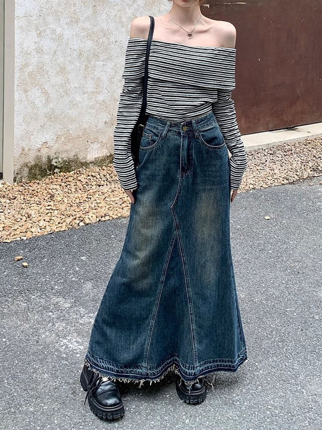 DressBerry Denim Washed A-Line Maxi Skirt