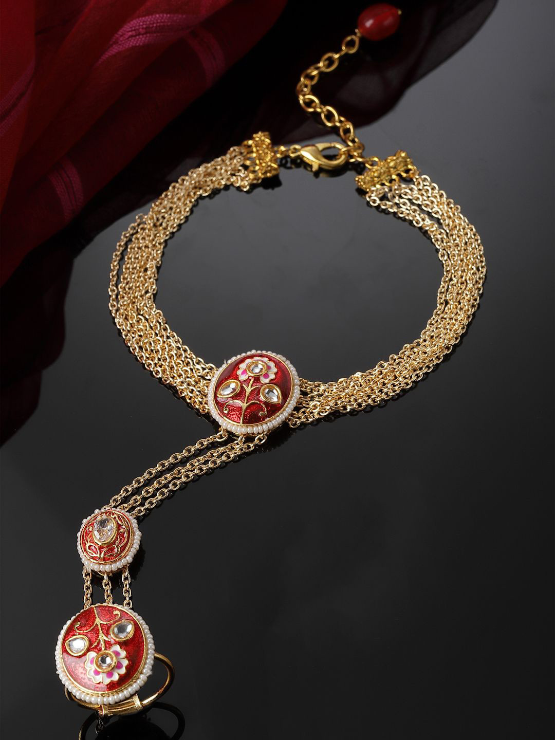 DUGRISTYLE Lava Luster Gold-Plated Kundan Studded Link Bracelet