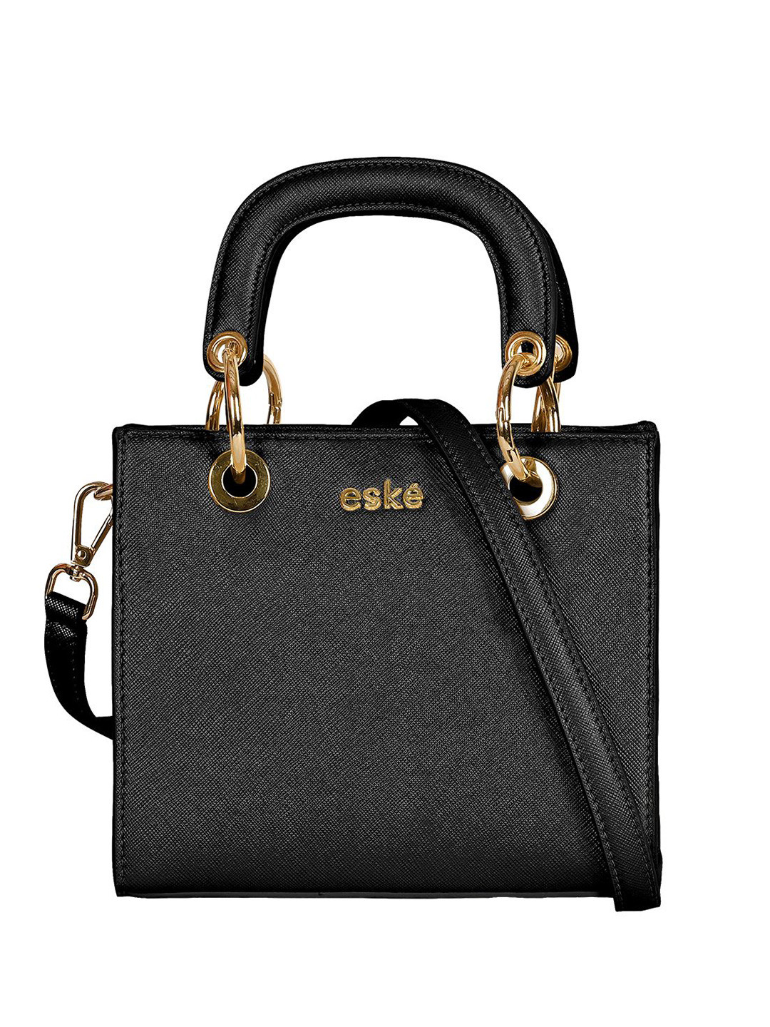 eske Women Black Solid Gold Hardware Turn Lock Adjustable Strap Leather Handheld Handbag
