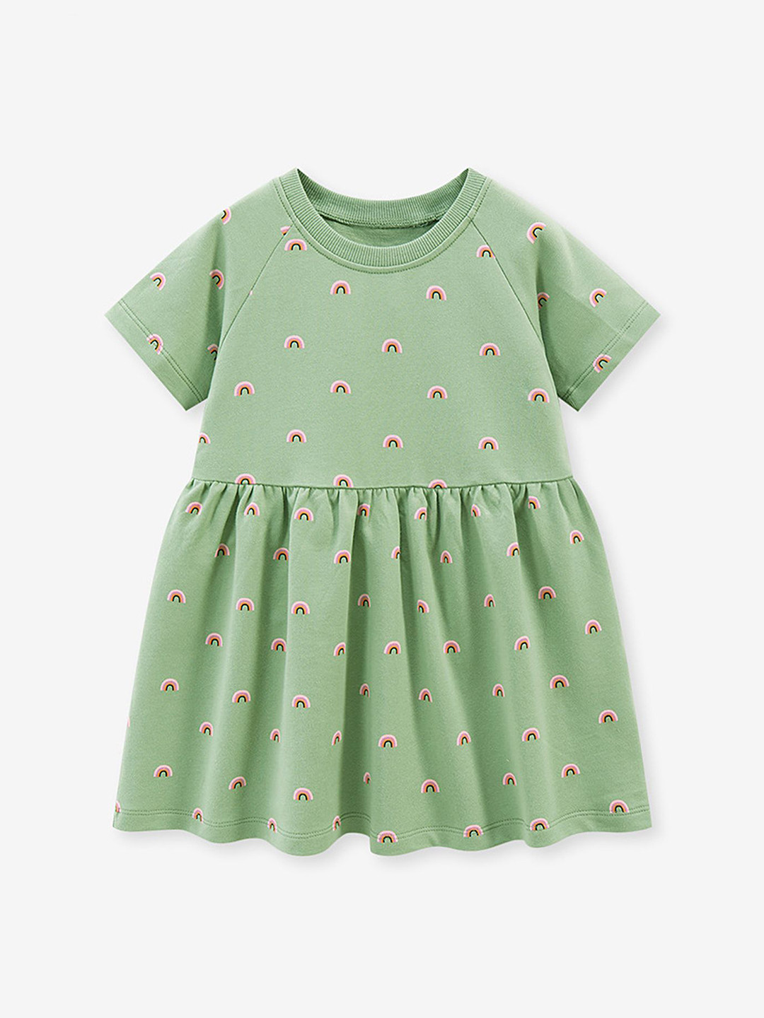 LULU & SKY Girls Cotton Rainbow Printed Round Neck Fit And Flare Nightdress S1875-GREEN