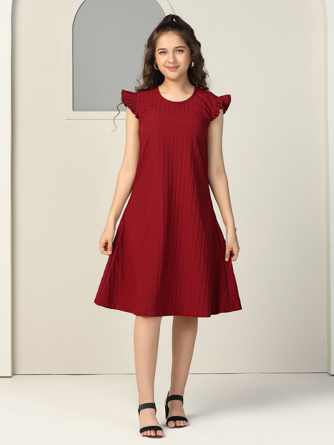 YK Kids-Girls  Solid Cotton Blend A-Line Knee Length Ruffle Flutter Sleeve A-Line Dress