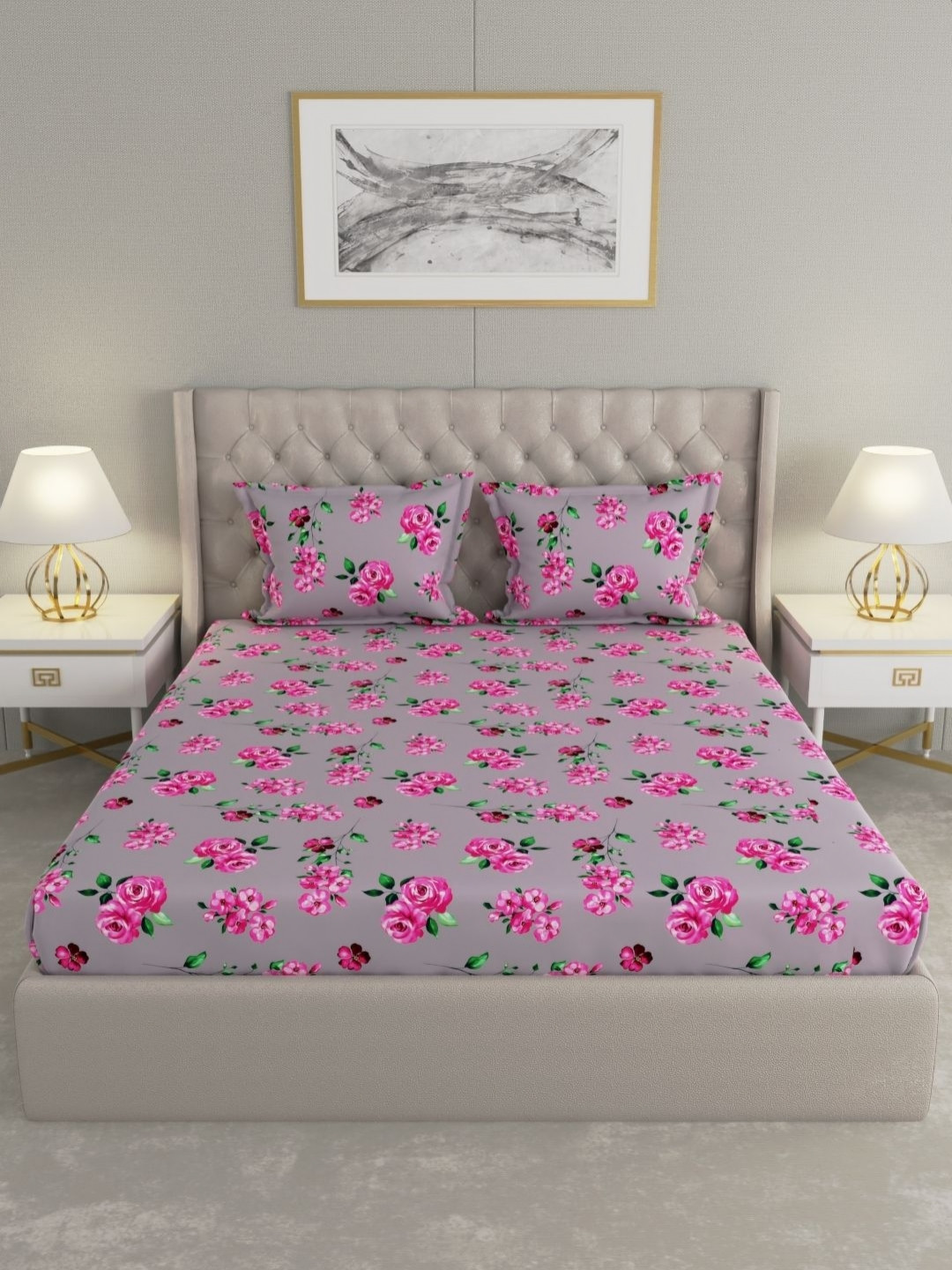 Raymond Home Hazel Grey Floral Microfiber Queen Fine Bedsheet with 2 Pillow Covers-98 x 89 inches