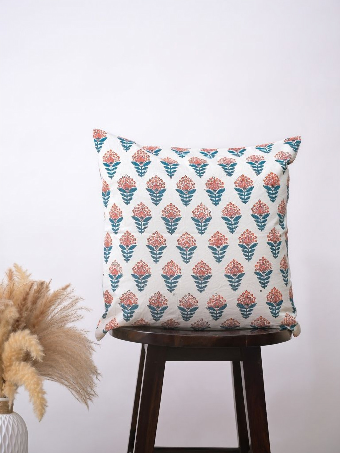 Block N Style Deianira White & Blue Floral Printed Cotton Square Cushion Cover