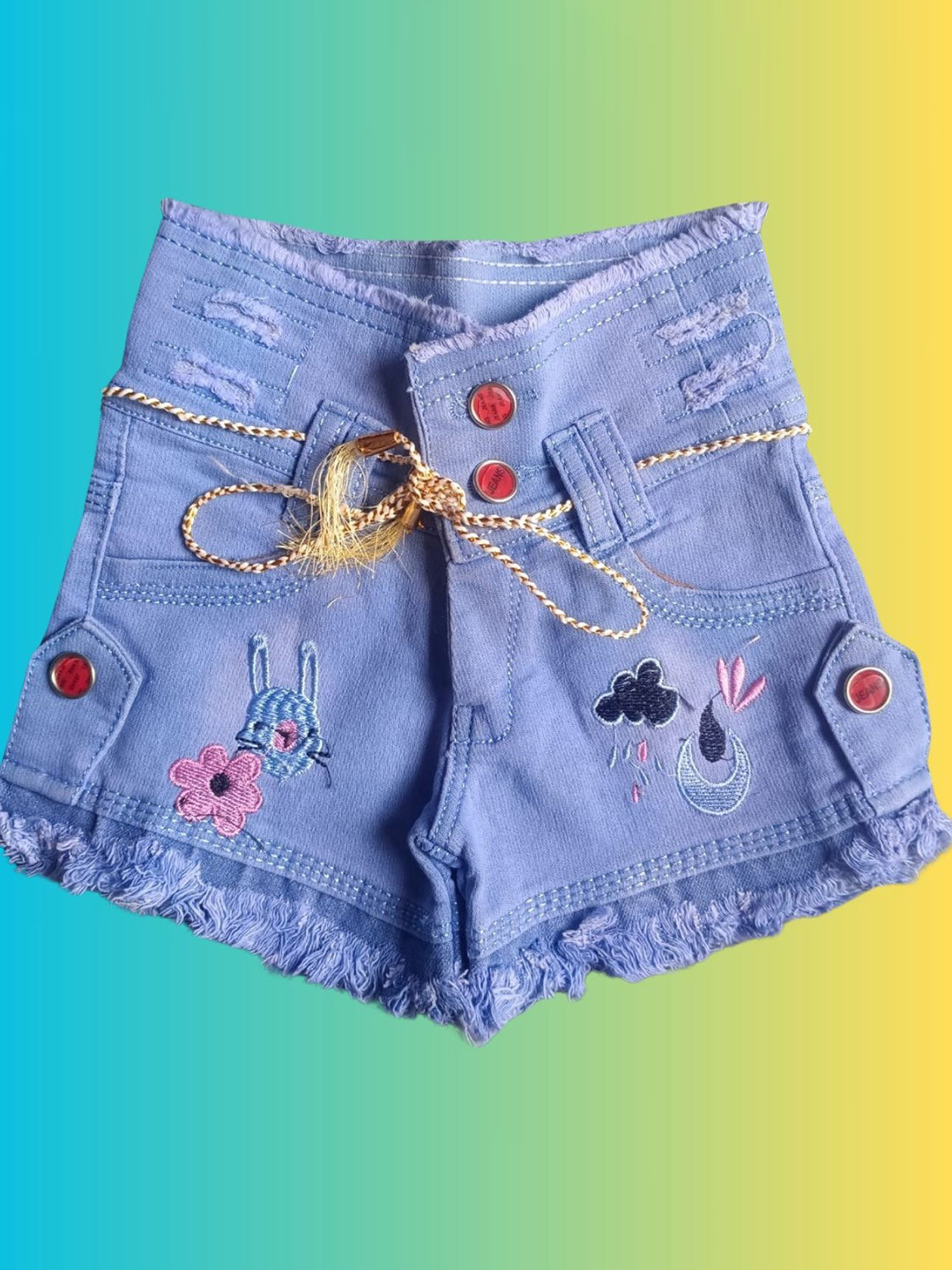 SHREESALES Girls Washed Embroidered Denim Shorts