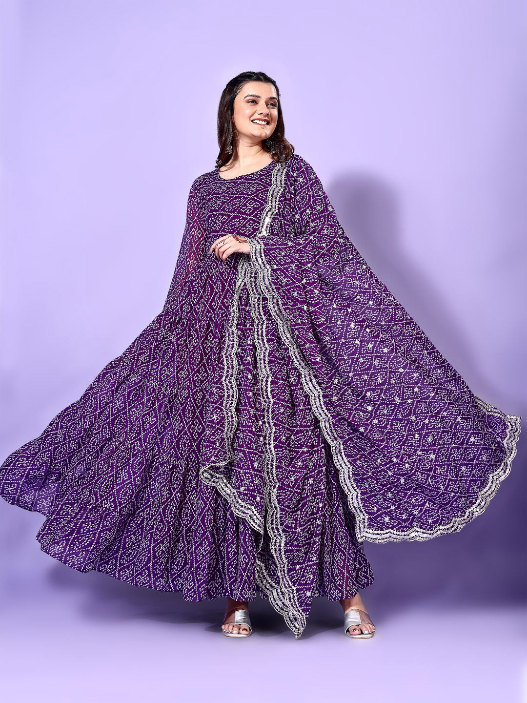 Ethnic Yard Bandhani Printed Round Neck Anarkali Kurta With Trouser And Dupatta