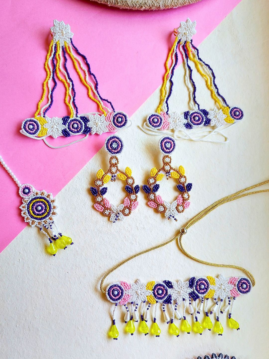 Sangria Pink Gold-Plated Artificial Beaded Boho Bridal Jewellery Set With Maang Tika