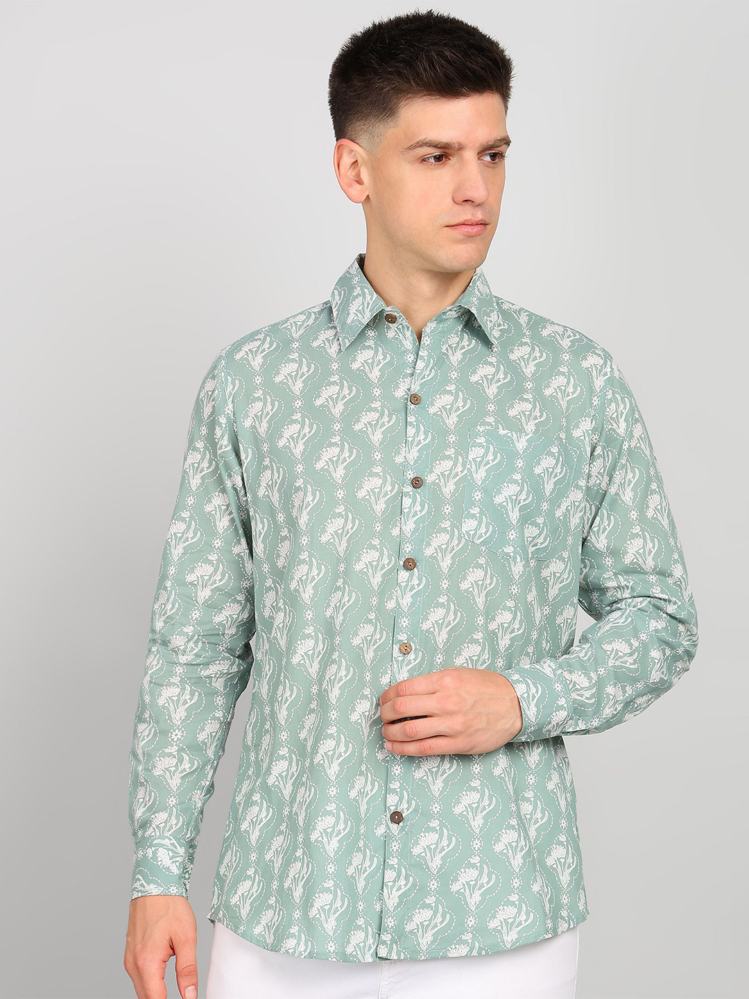 Label Ceres Men Premium Fit Spread Collar Floral Printed Cotton Casual Shirt
