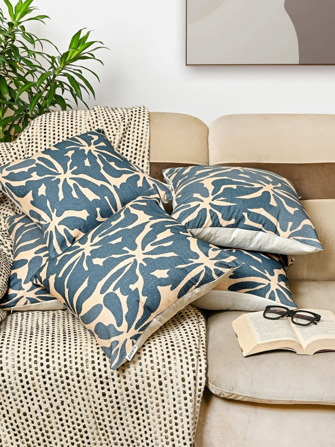 ANWYN Abstract Blue Abstract Cotton Breathable 5 Square Cushion Covers -15.7x15.7In