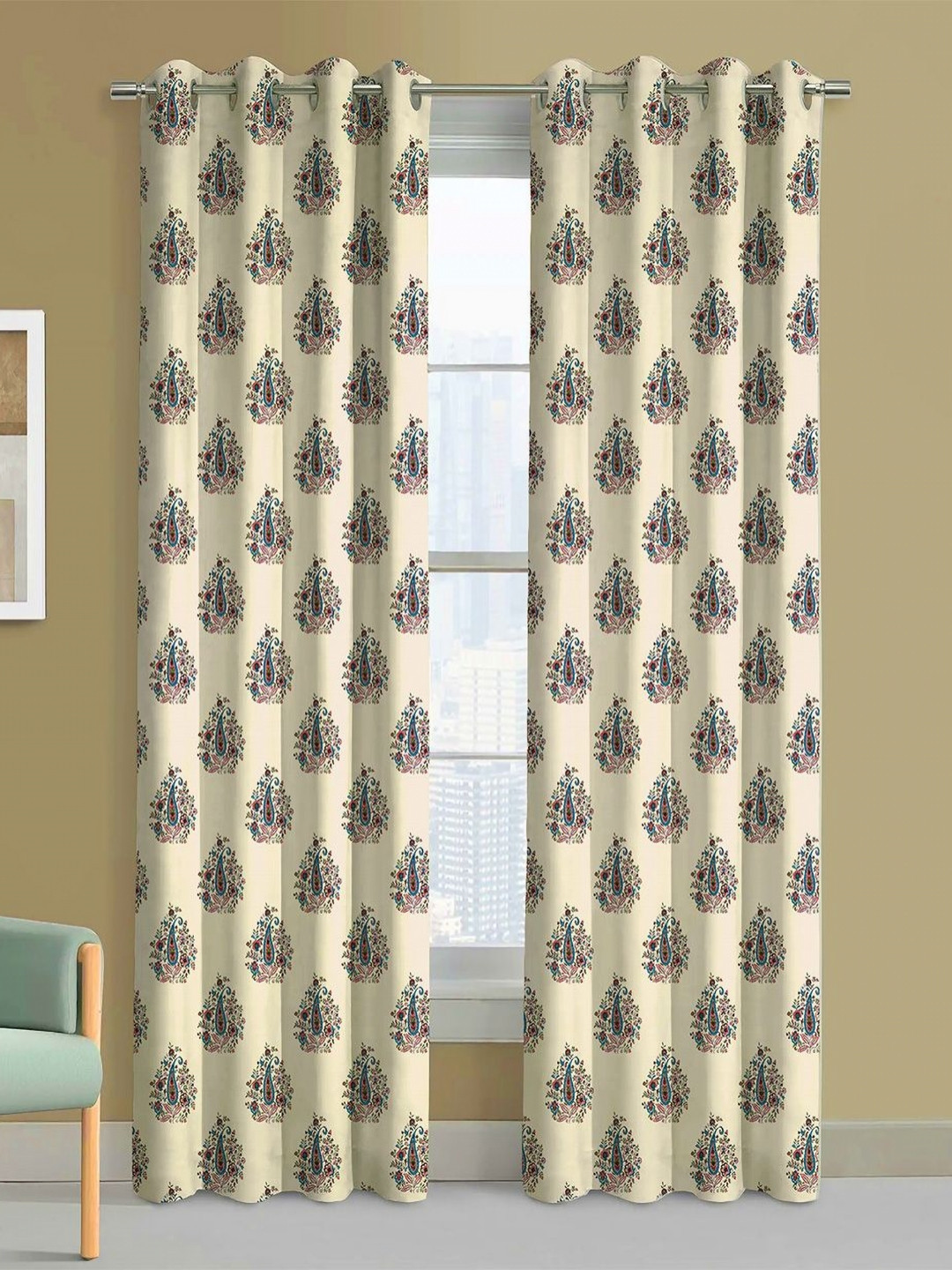 Steve & Anderson Bharat Motifs Beige And Blue 2 Pieces Printed Door Curtain (7 Feet)
