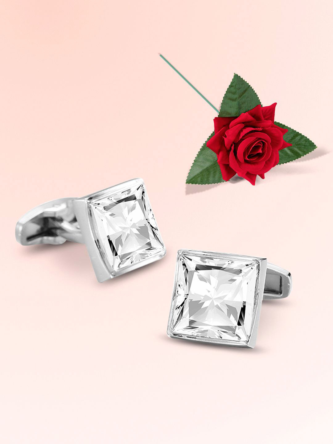 Peora Geometric Silver-Plated Cufflink With Red Rose