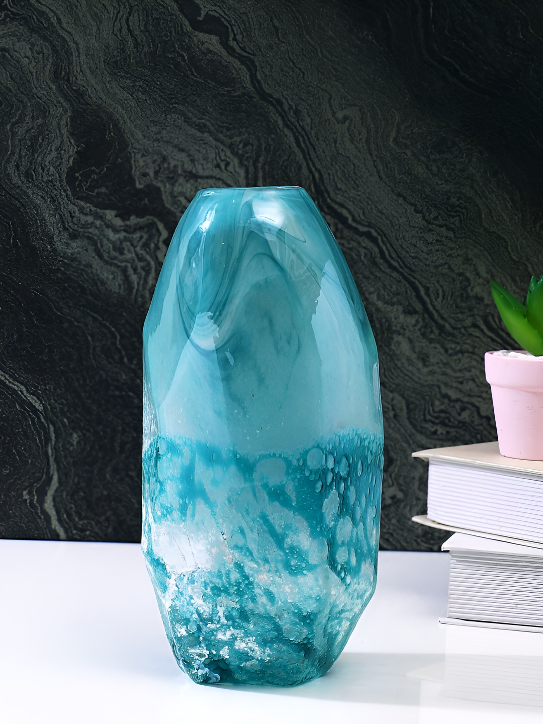 Myntra Elegant Homes Serene Tides Blue & White Printed Glass Flower Vase