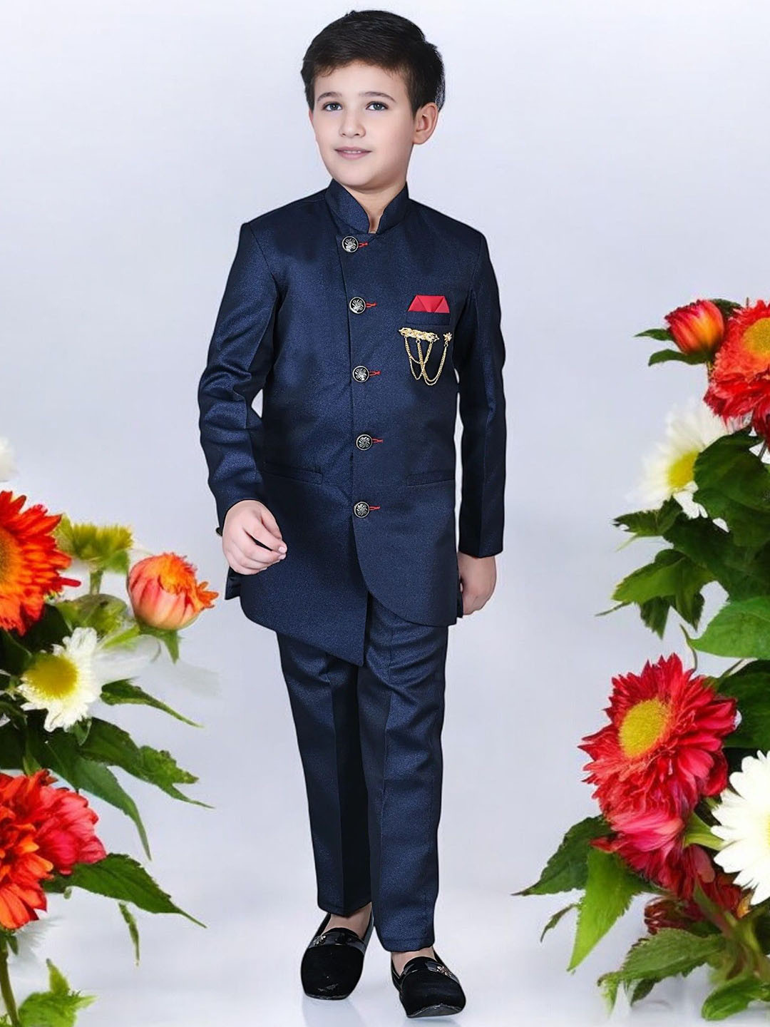 Qitty Boys 2 Piece Mandarin Collar Bandhgala Jodhpuri Blazer With Trouser