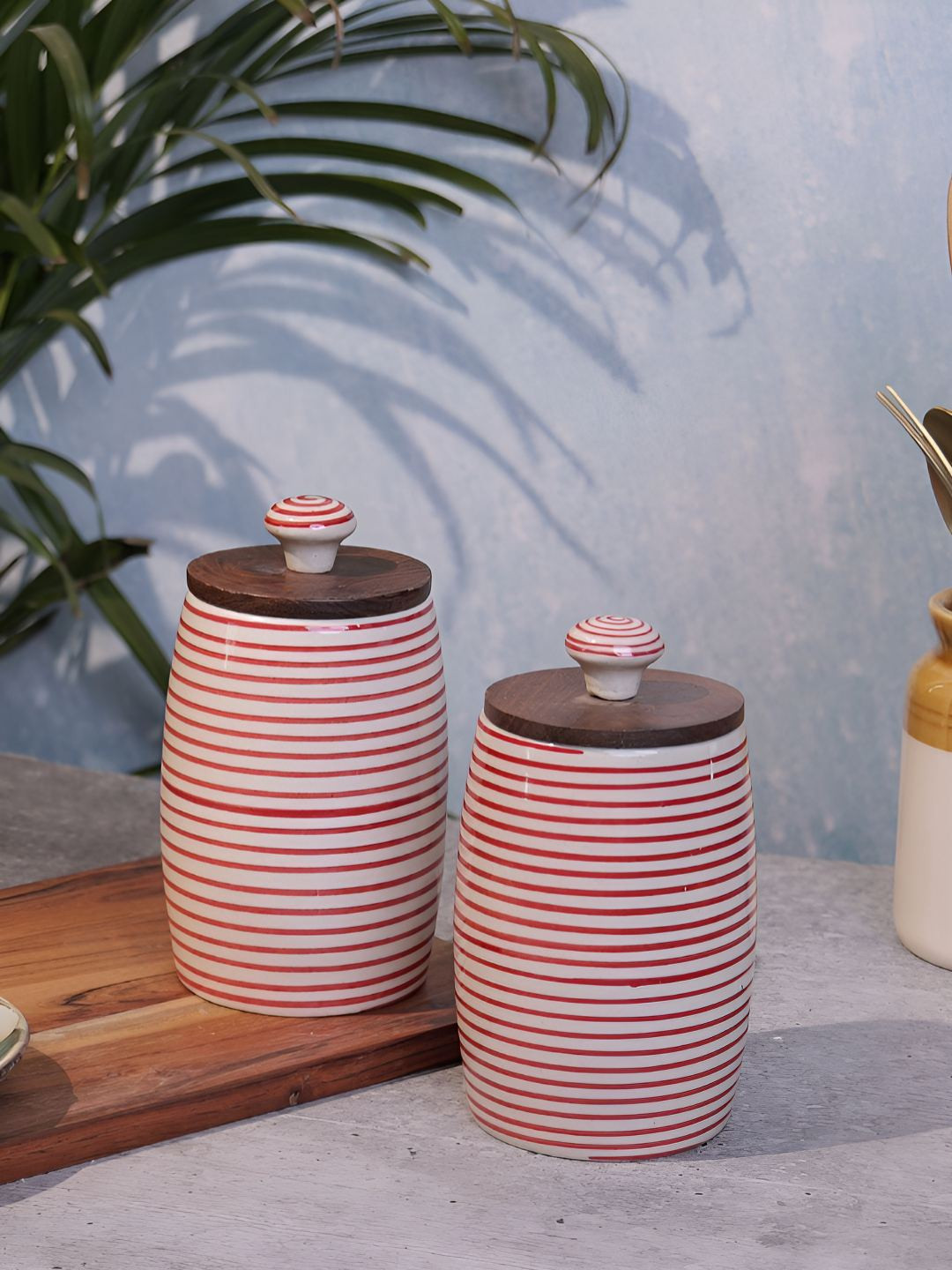 Myntra Elegant Homes Red & White 2 Pieces Striped Ceramic Jar Containers 450ml