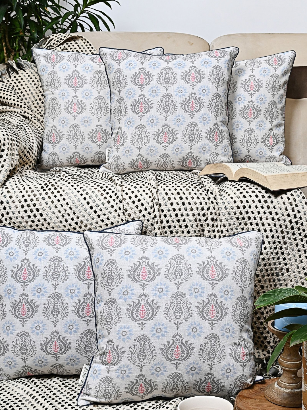 ANWYN White & Grey 5 Pieces Ethnic Motifs Printed Cotton Square Cushion Covers