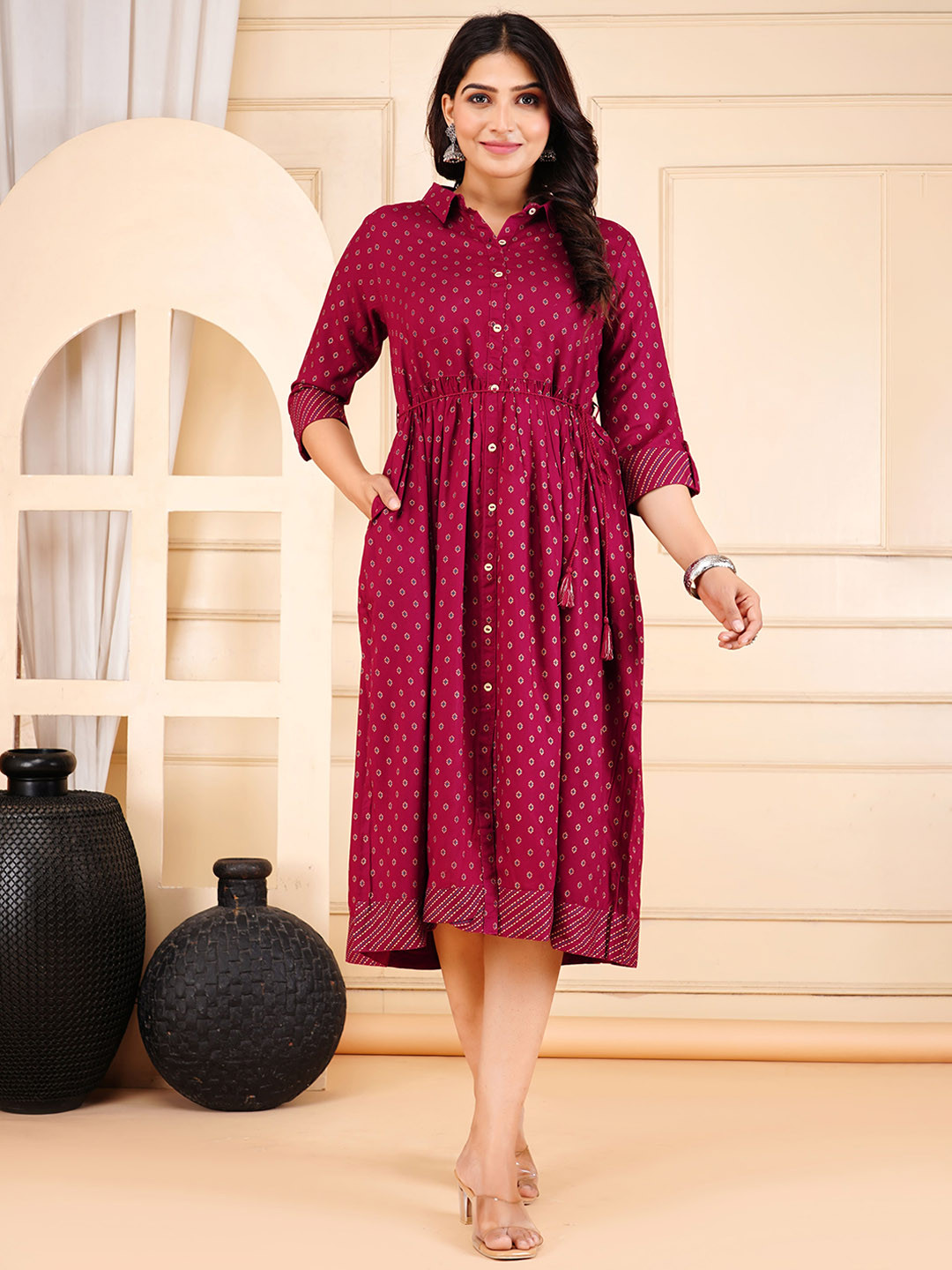Moajaza Floral Printed Shirt Collar Ethnic dress