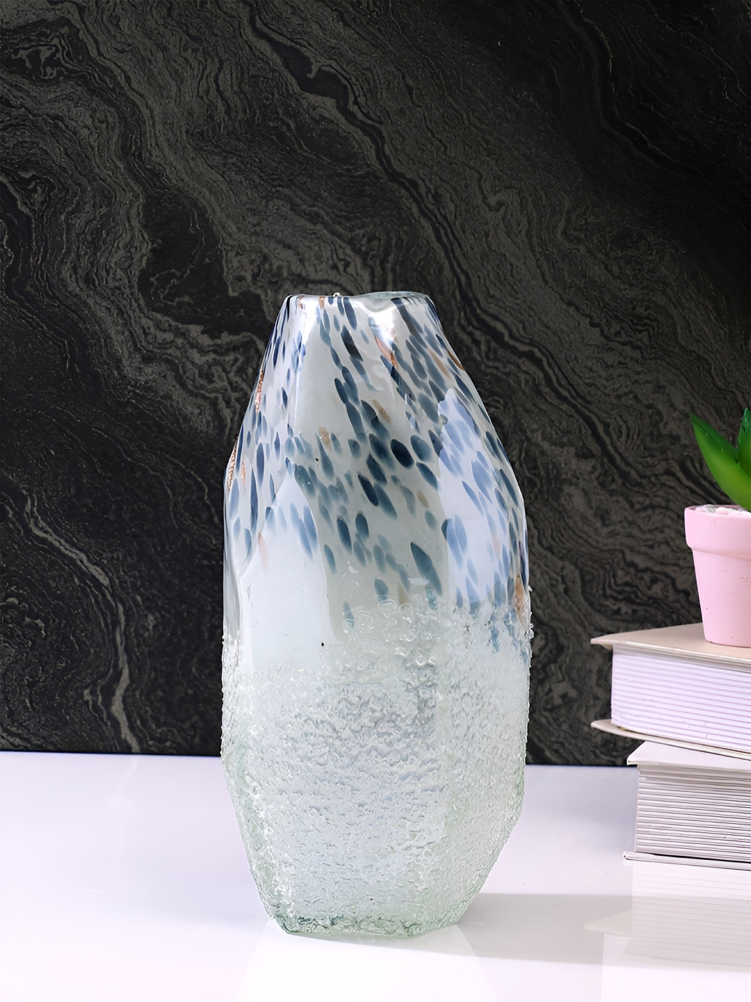 Myntra Elegant Homes Speckled White & Blue Printed Glass Flower Vase