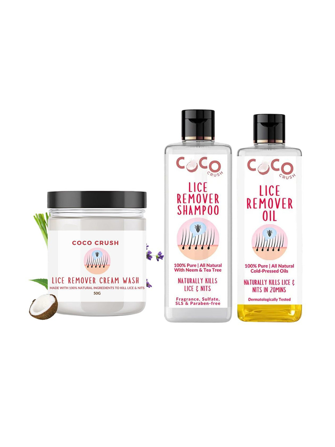 Coco Crush Set Of 3 Lice Remover Cream Wash 50 gm Lice Oil & Shampoo - 50 ml Each