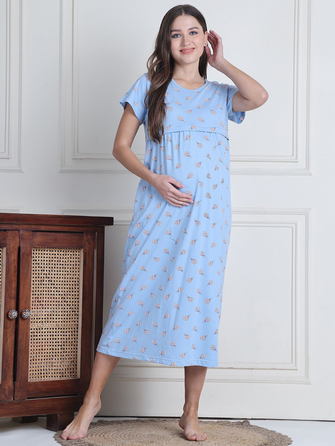 Secret Wish Women Candy Hosiery Printed Pure Cotton Maternity Nighty