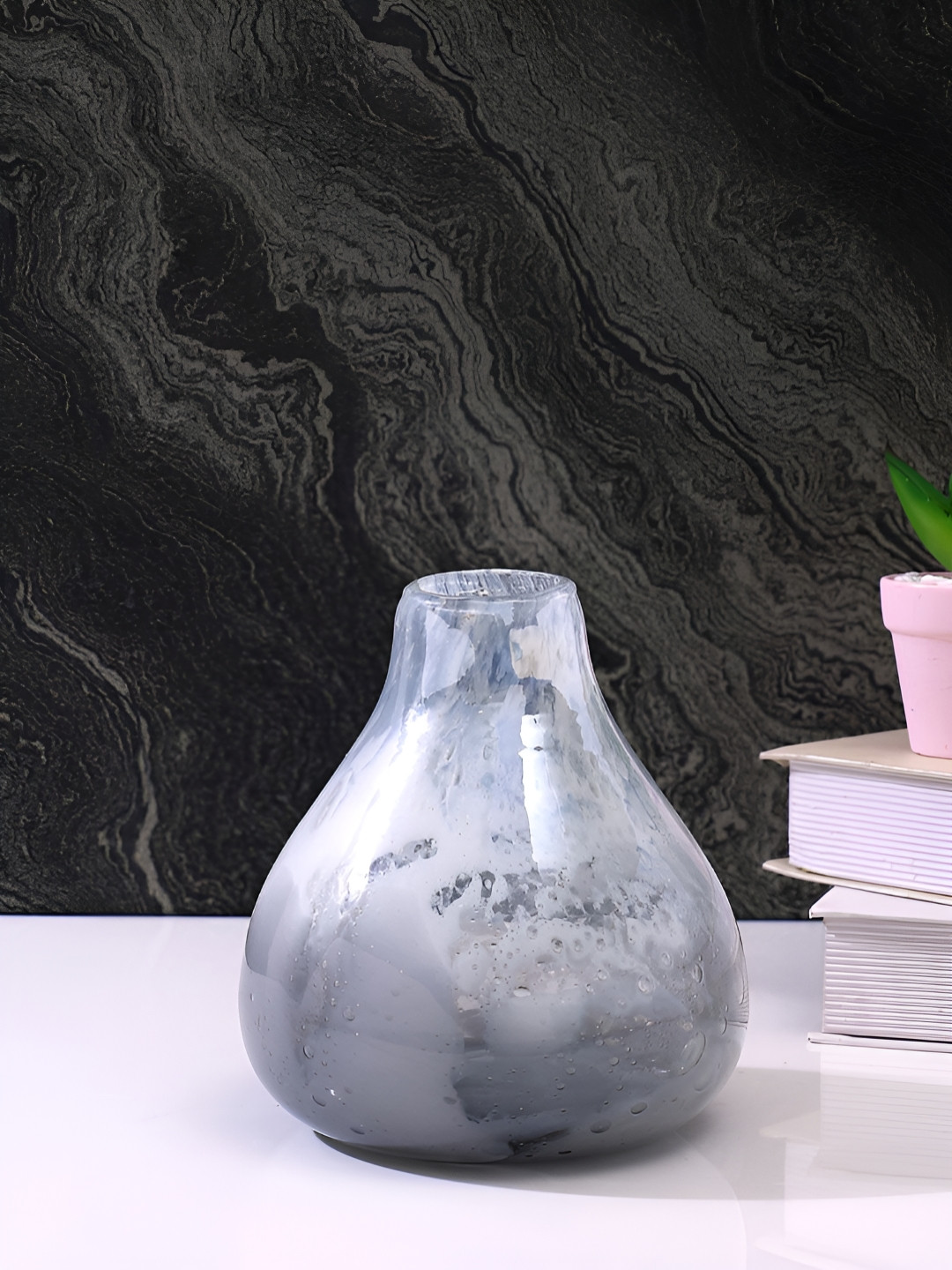 Myntra Elegant Homes Speckled Grey & Silver Toned Printed Glass Flower Vase