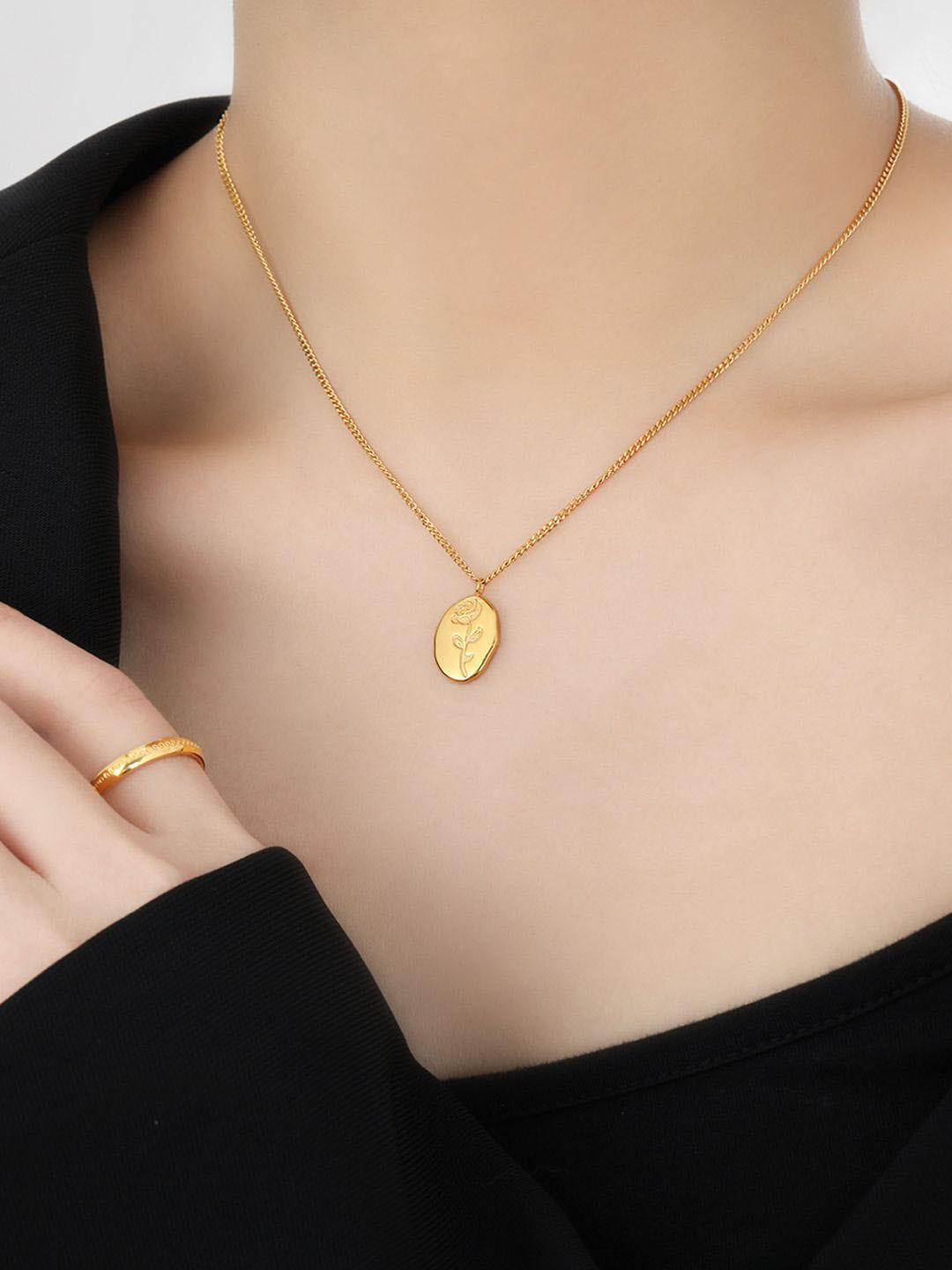 BEYTER Gold-Plated Stainless Steel Oval Rose Charm Pendant With Chain