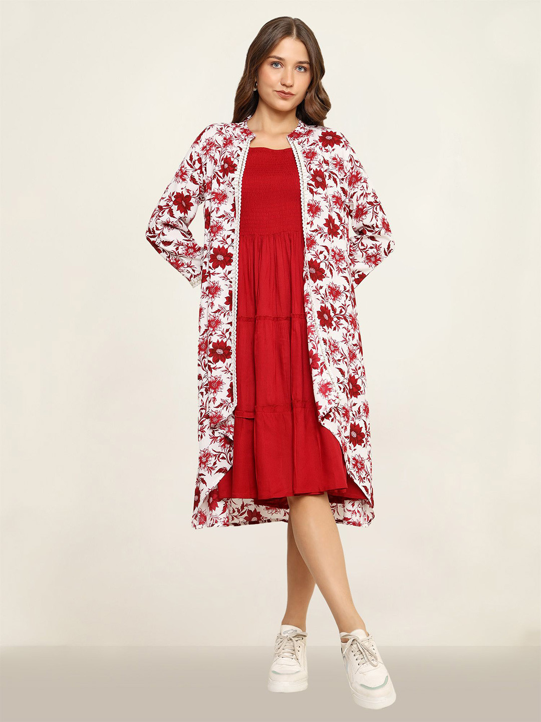 NG FASHION Printed Fit & Flare Smocked Tiered Dress With Shrug