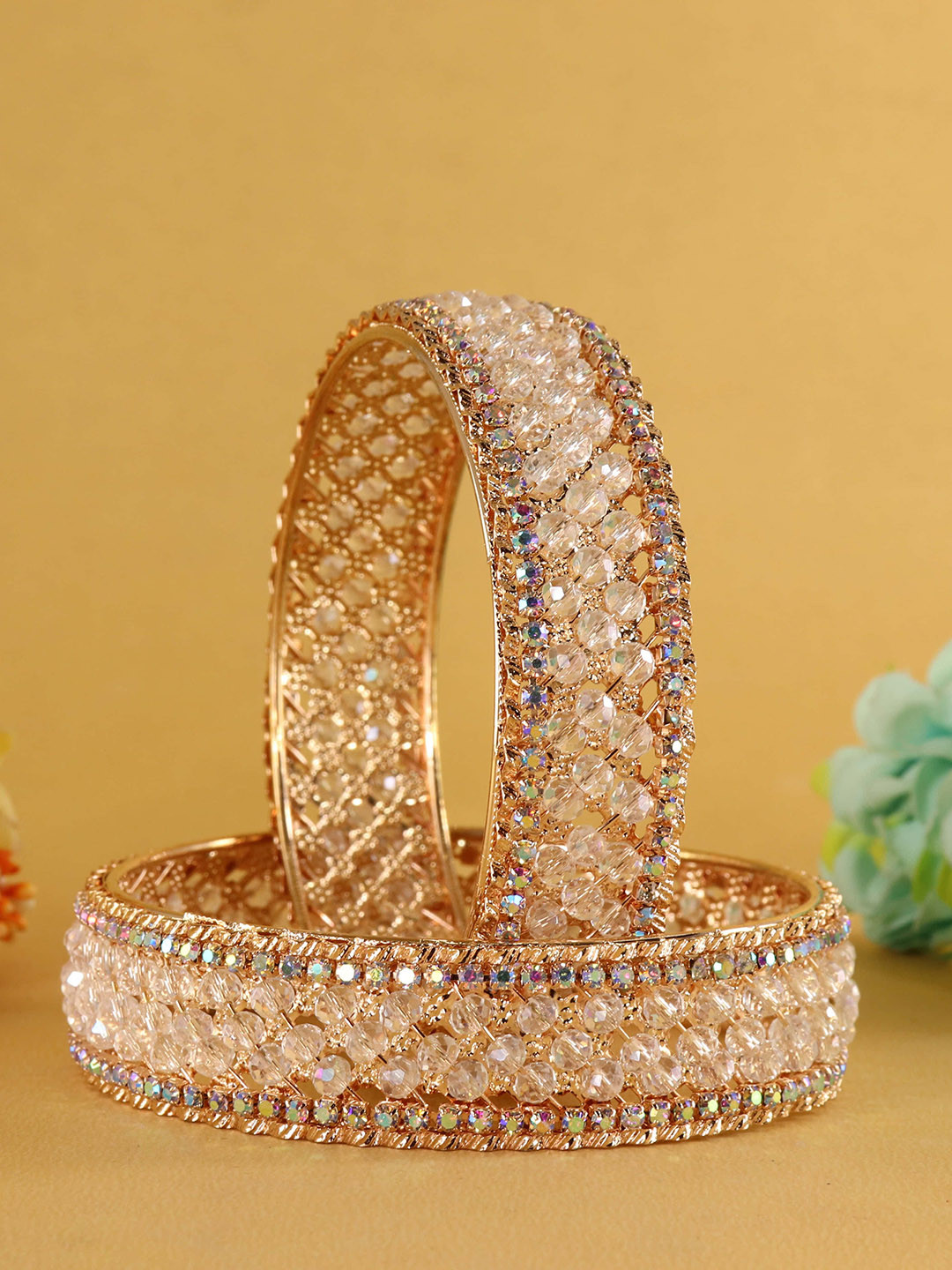 ZULKA Set Of 2 Rose Gold-Plated Artificial Stones and Beads-Studded Kada Bangles