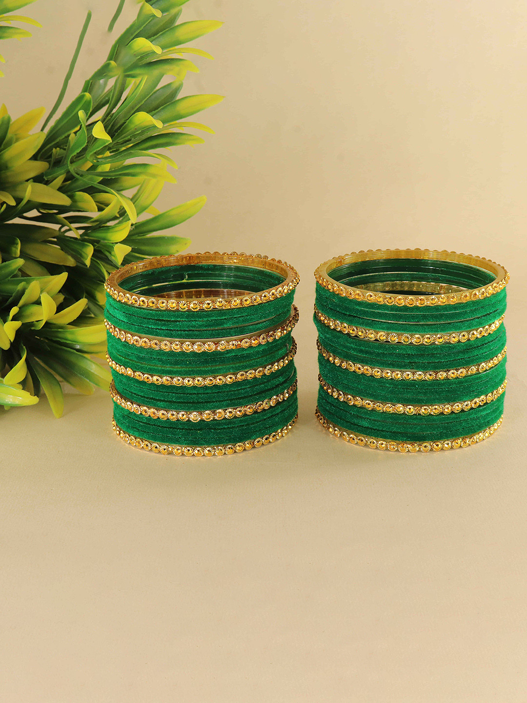 ZULKA Set Of 34 Gold-Plated Glass & Golden Beads Velvet- Studded Bangles