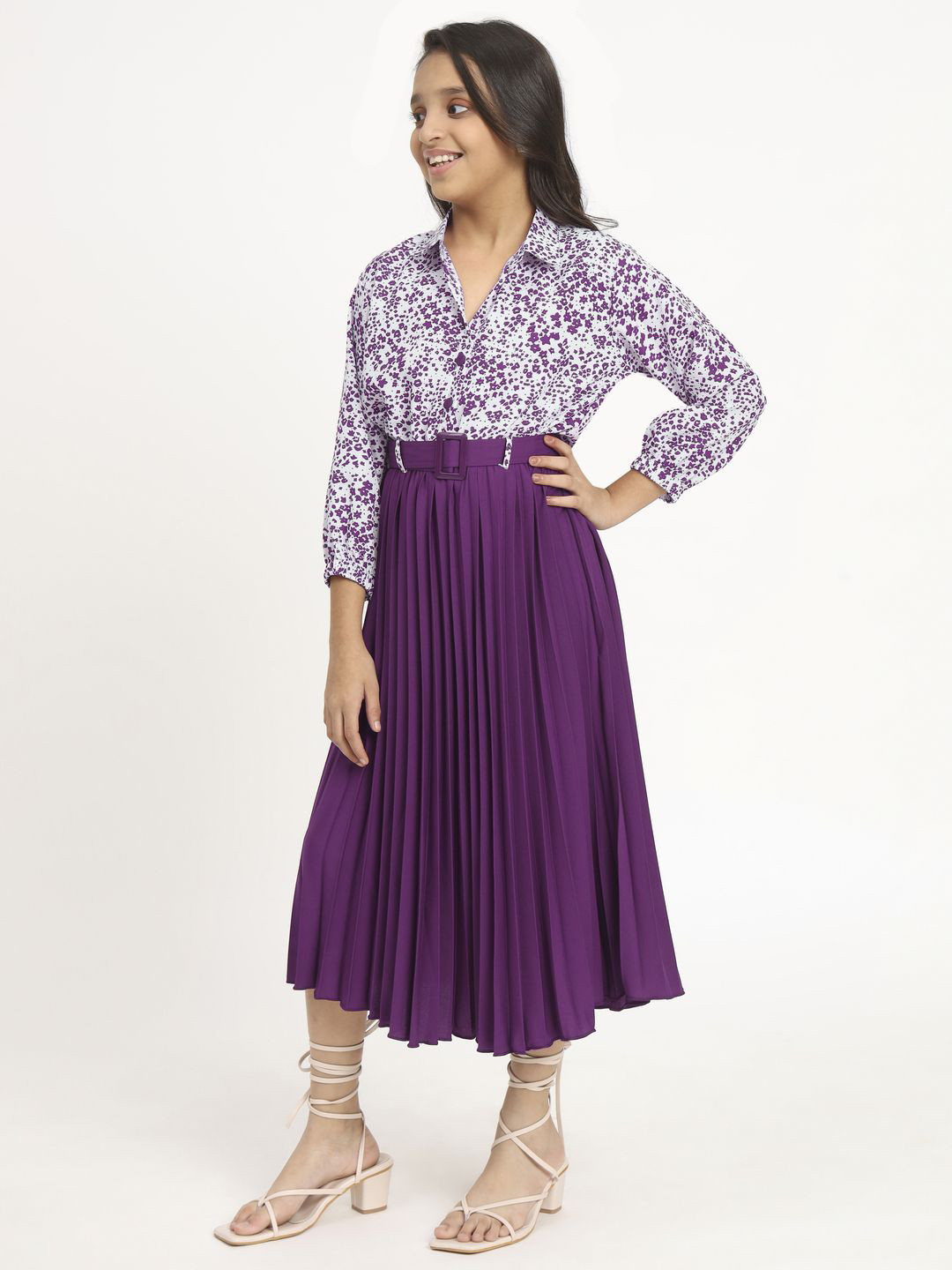 ZWERLON Girl Ethnic Motifs Print Three-Quarter Sleeves Shirt Collar A-Line Midi Dress