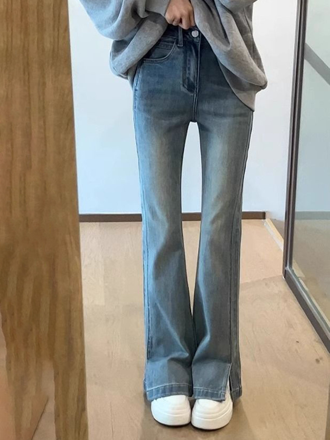 DressBerry Women Crinkle Flared High-Rise Light Fade Cotton Jeans