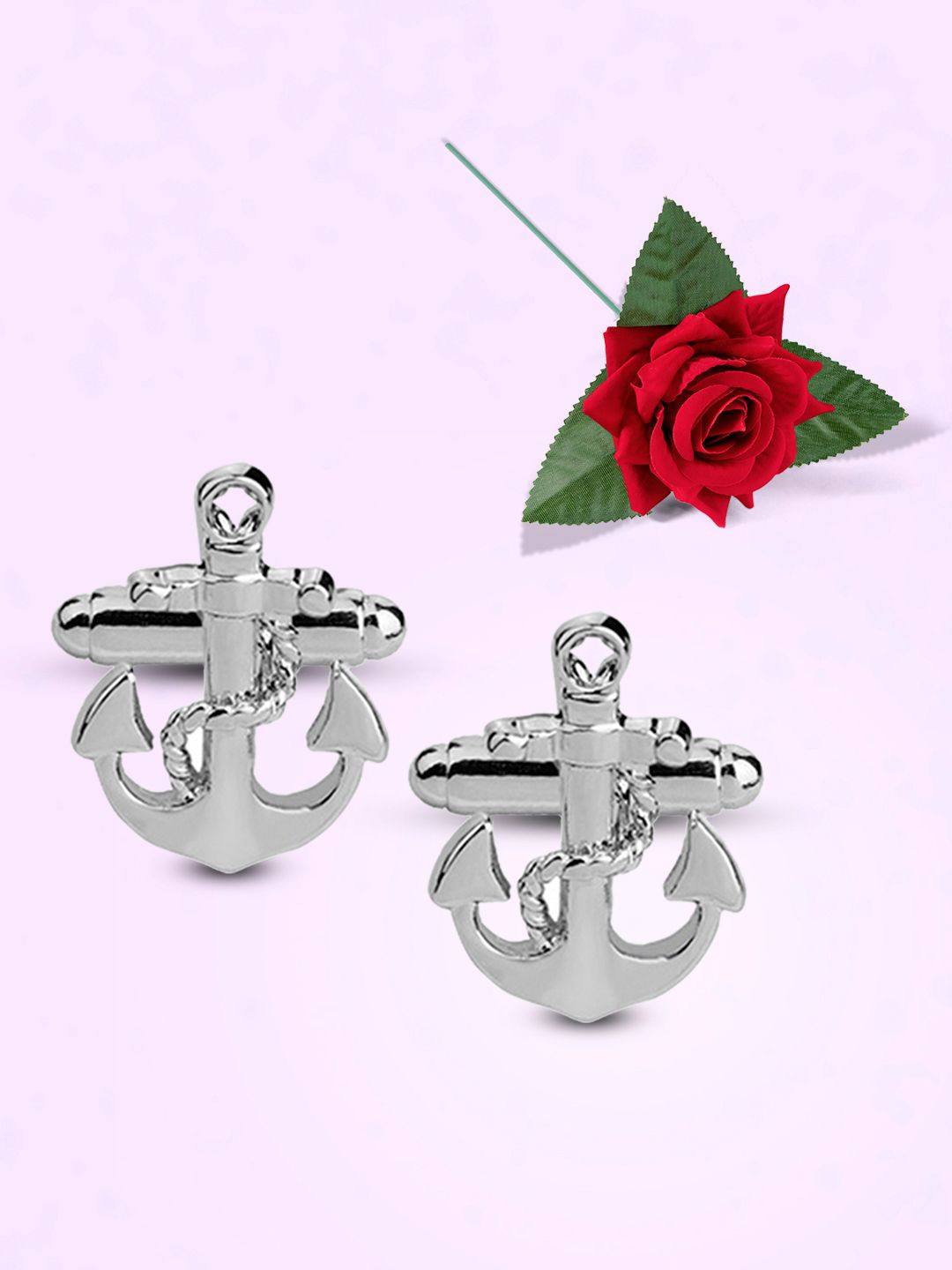 Peora Men Contemporary Silver Plated Nautical Anchor Cufflink With Red Rose