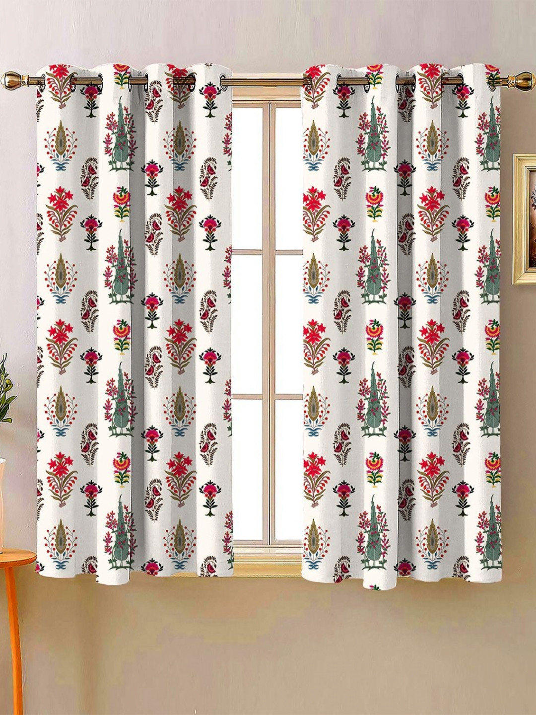 Steve & Anderson Indian Motifs White & Red 2 Pieces Black Out Window Curtain (5 Feet)