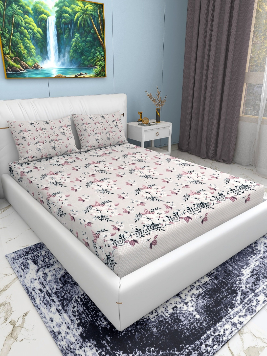 EXFAB Butterfly Fitted Green Floral Cotton 240 TC Fitted King Fine Bedsheet with 2 Pillow Covers-78 x 72 inches