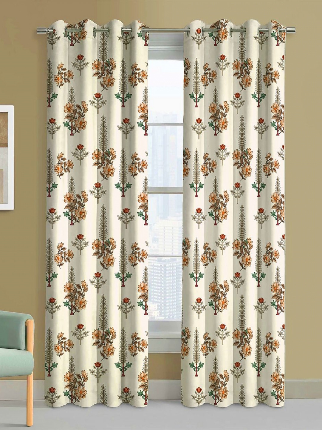 Steve & Anderson Indian Motifs Brown And White 2 Pieces Printed Long Door Curtain (9Feet)