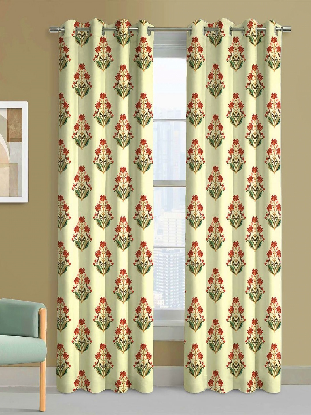 Steve & Anderson Bharat Motifs Olive And Rust 2 Peices Printed Long Door Curtains (9Feet)