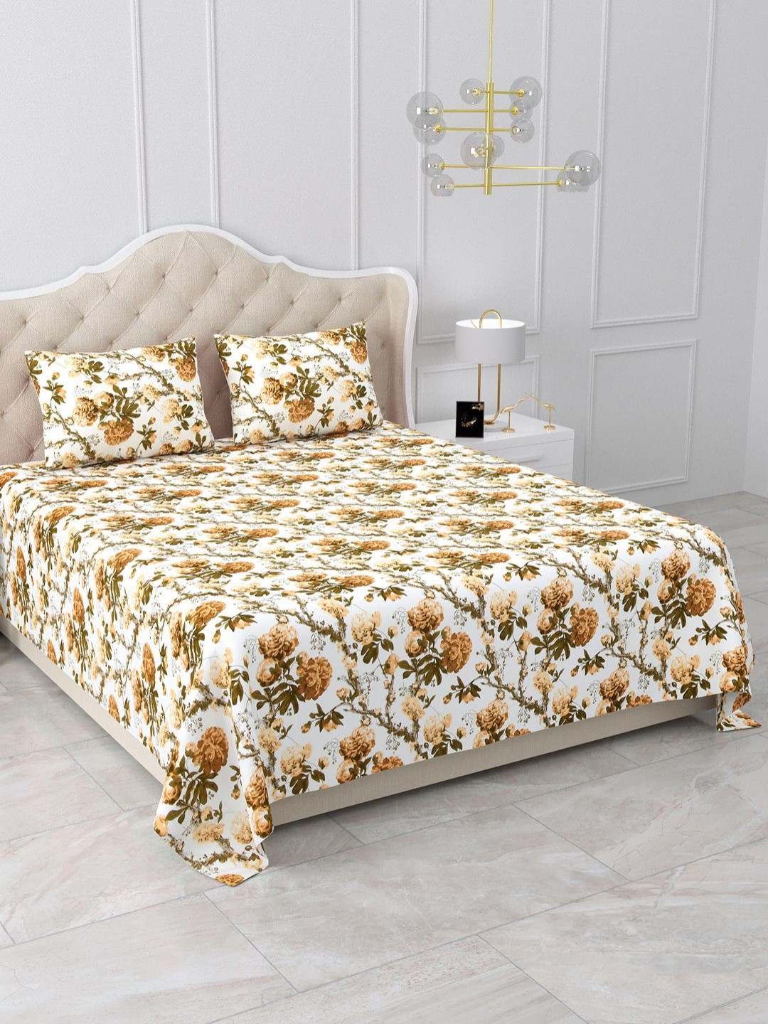 BELLA CASA Snow Petals Collection Yellow Floral Cotton 210 TC King Fine Bedsheet with 2 Pillow Covers-95 x 108 inches