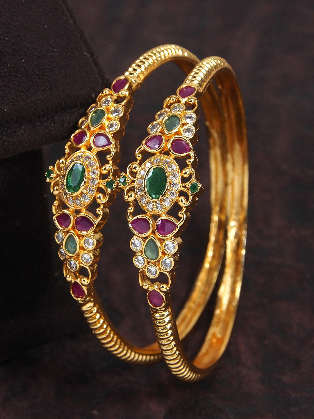SGA FASHION Set Of 2 Gold-Plated American Diamond Studded Kada Bangles