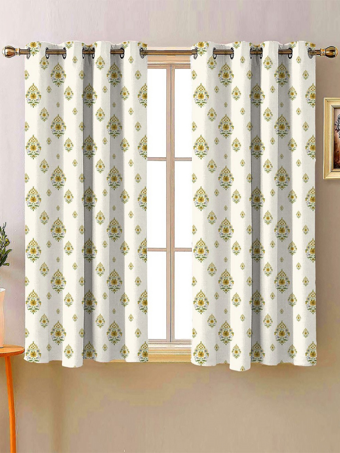 Steve & Anderson Bharat Motifs White And Mustard 2 Peices Printed Window Curtains (5 Feet)