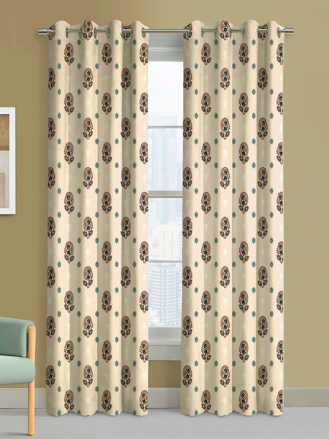 Steve & Anderson Indian Motifs Cream & Red 2 Pieces Floral Black Out Door Curtain (7 Feet)