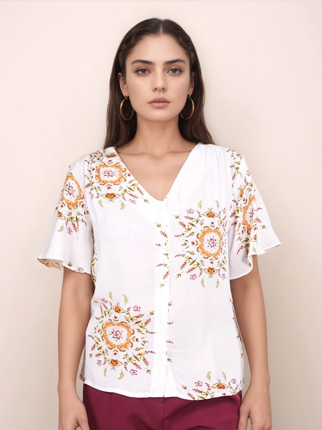 Zink London White Floral Prints Relaxed Fit Top